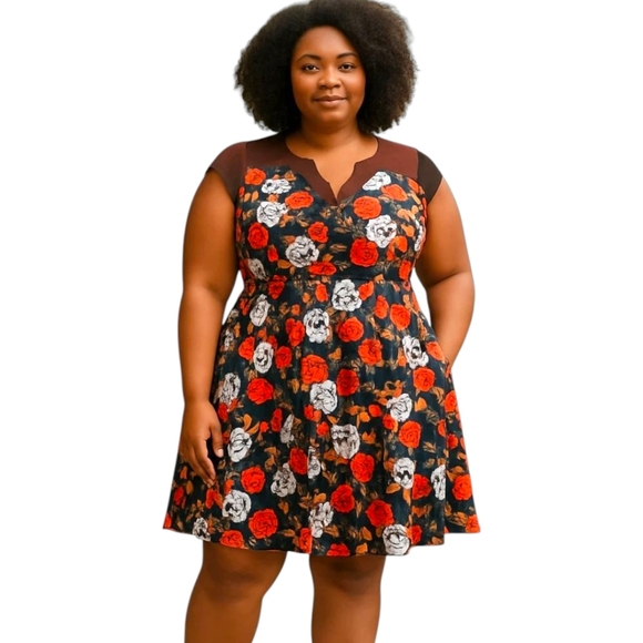 RETRO CHIC ATLI Sweetheart Neckline Skull & Rose Goth Skater Dress - Picture 1 of 16